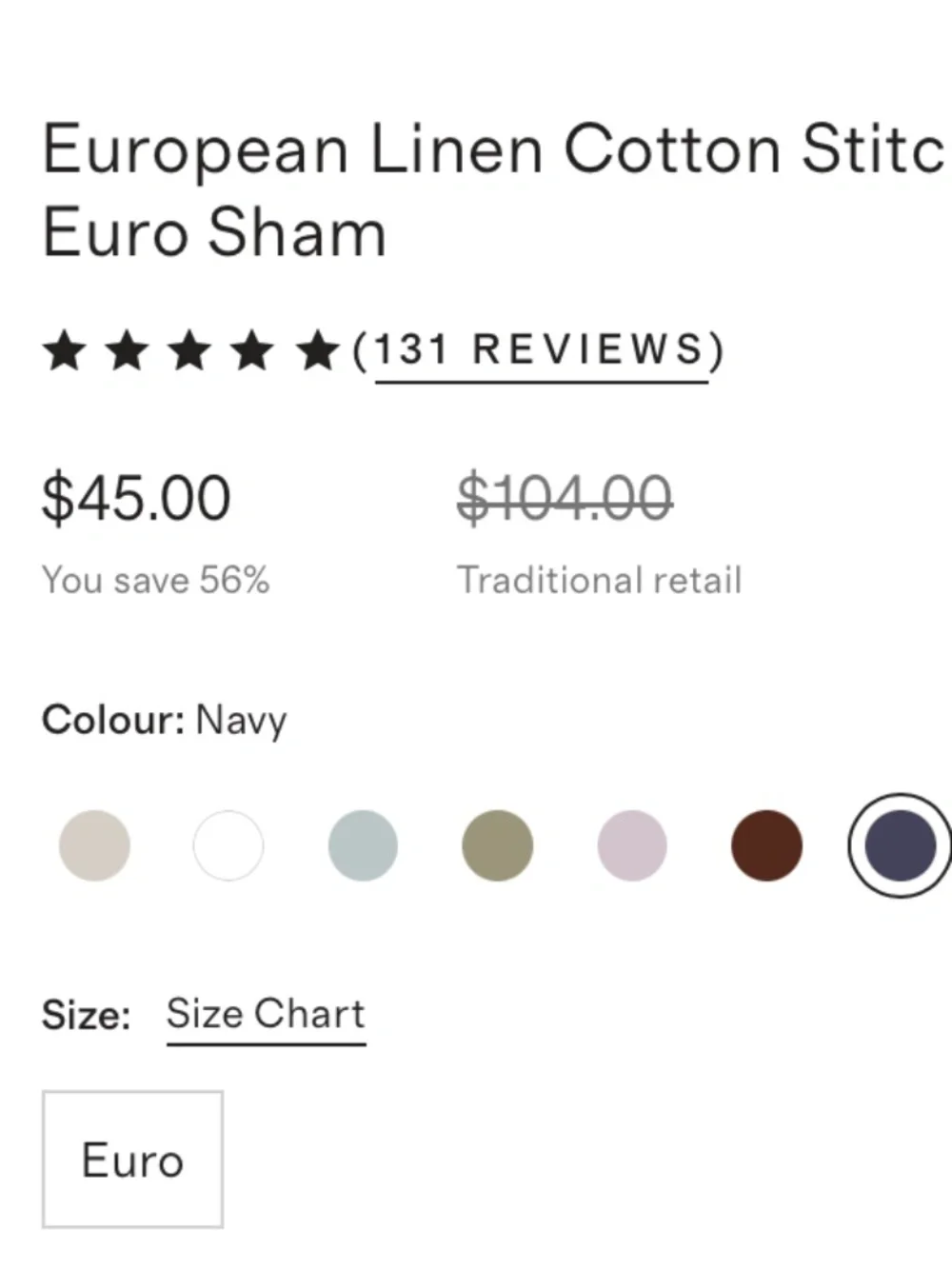 European Linen Cotton Stitch Quilted Euro Sham Navy 20 x 20